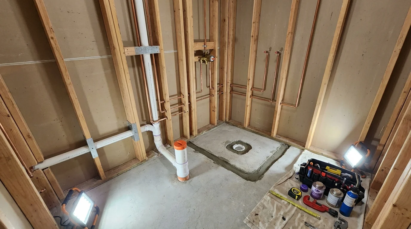 Bathroom rough-in plumbing during remodel by Johns Plumbing LLC in Oneonta