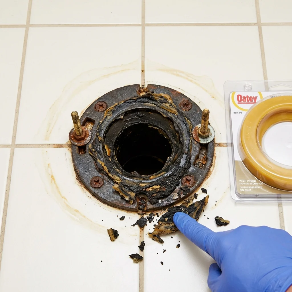 Failed wax ring showing water seepage at the base of a toilet in a Oneonta, AL home