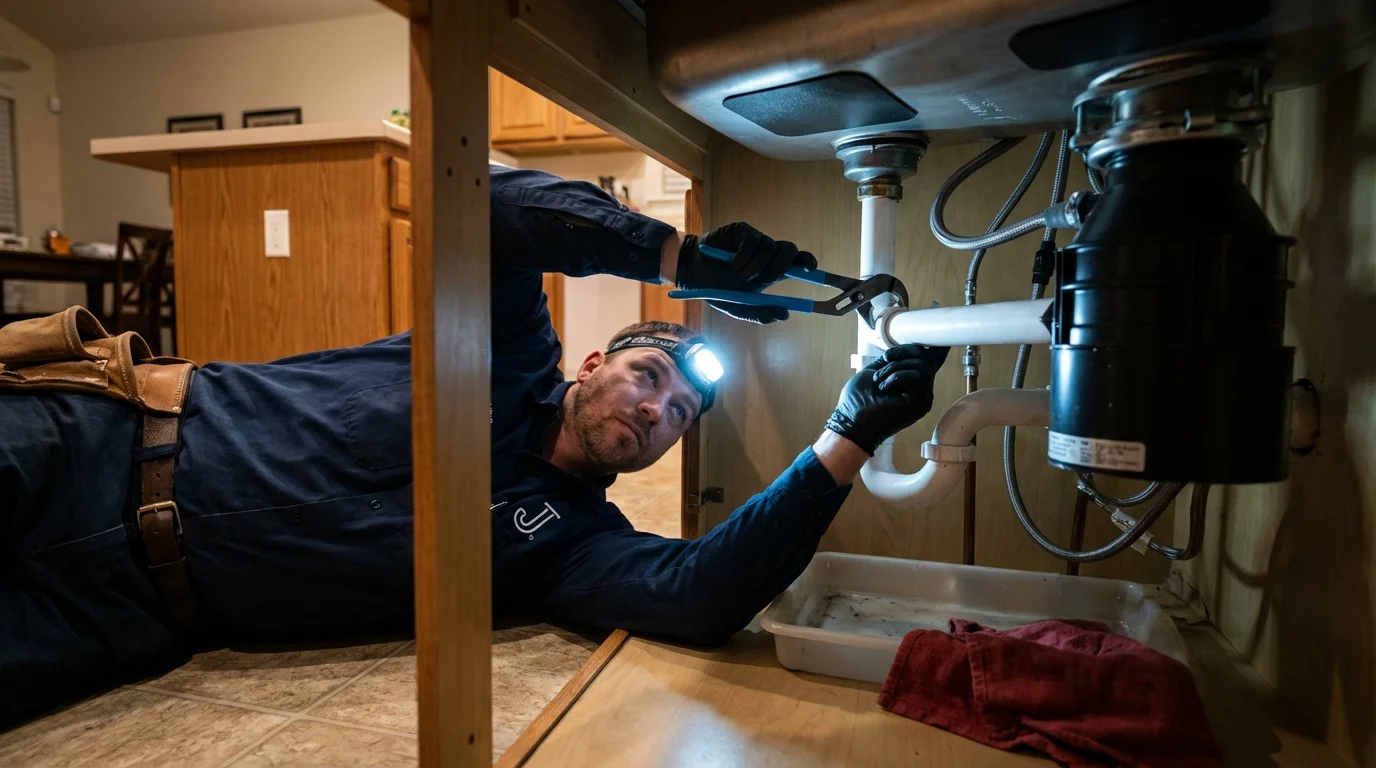 P-trap and supply line connections under a kitchen sink showing a common leak point in Oneonta, AL